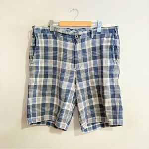 Vintage Tommy Bahama Blue Plaid Flat Front Shorts 75% Linen 25% Silk